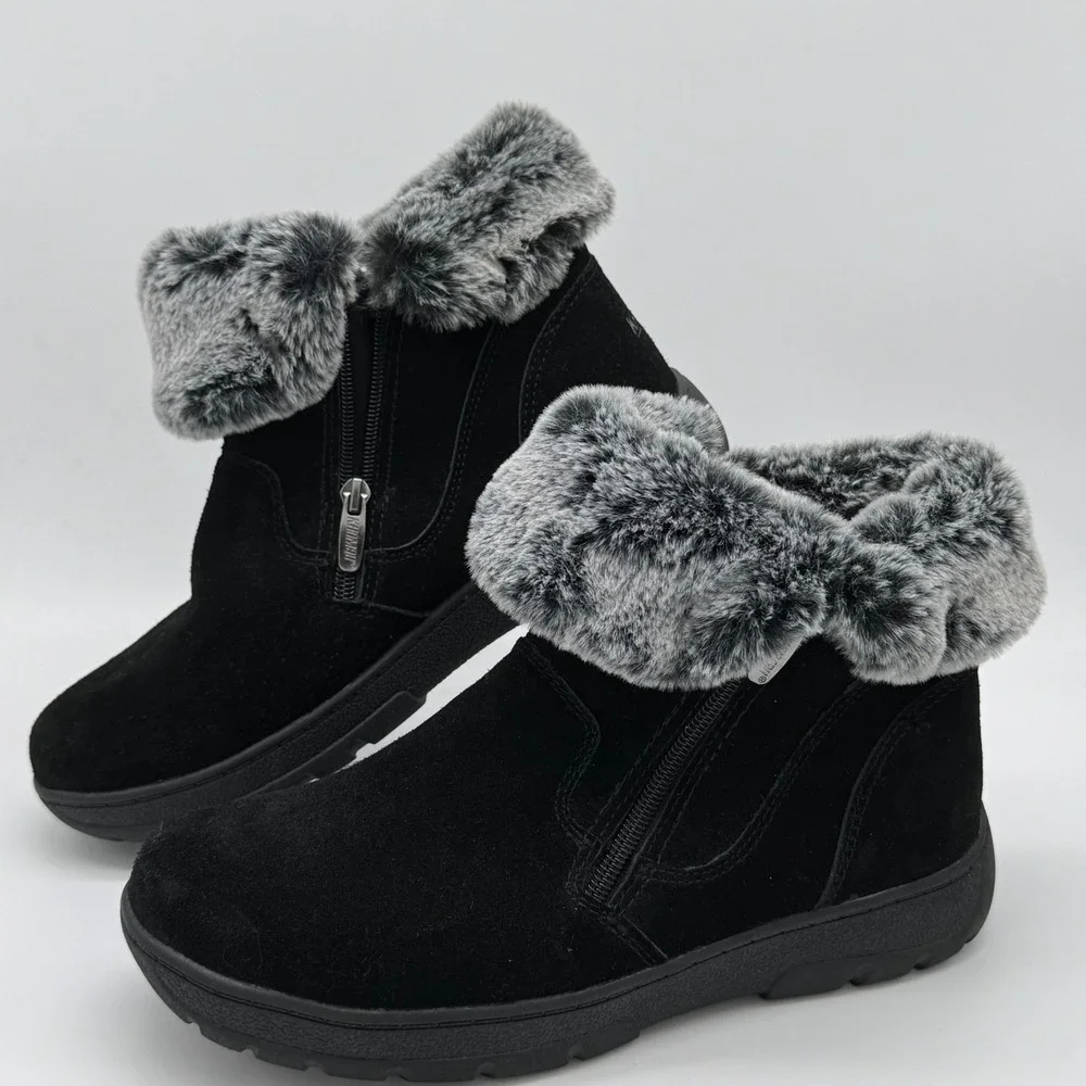 Khombu Jessica Black Suede Leather Faux Fur Lined Winter Ankle Snow Boots 9M